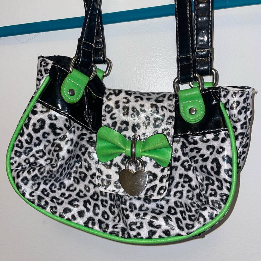 Vintage Claire’s patent leather lime green white cheetah mini bag